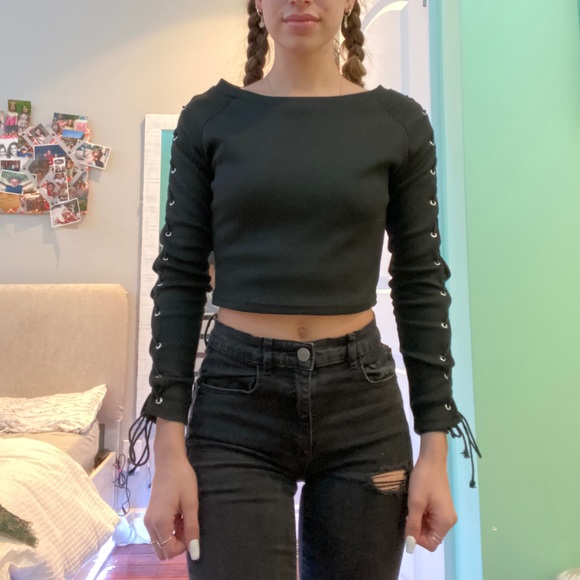 Black Lace Up Sleeve Top - Picture 1 of 5